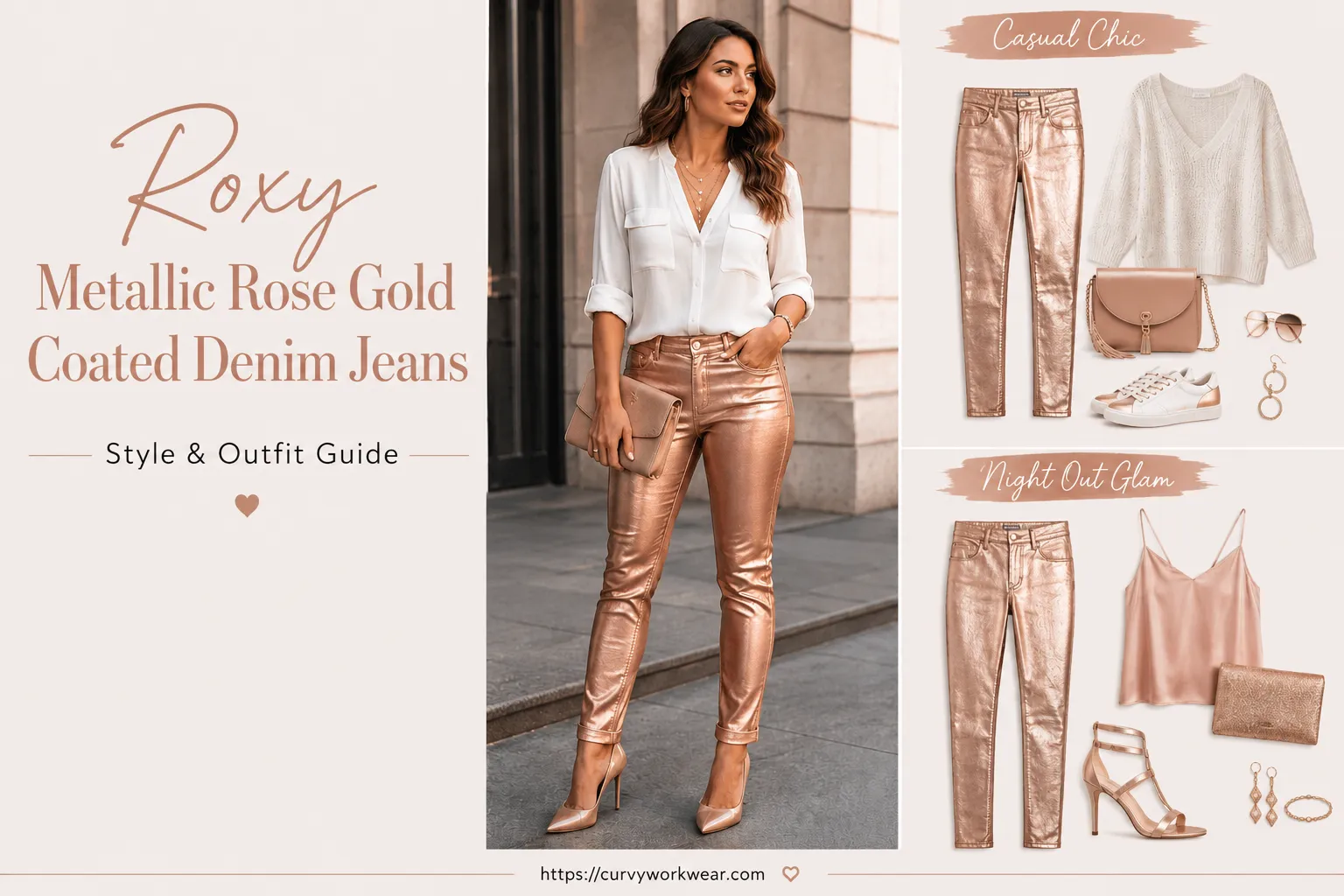 roxy metallic rose gold coated denim jeans