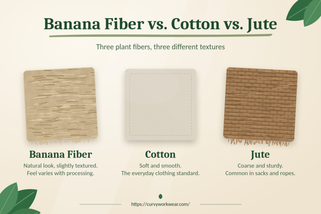 Banana fiber, cotton and jute fabric swatches placed side by side to compare texture