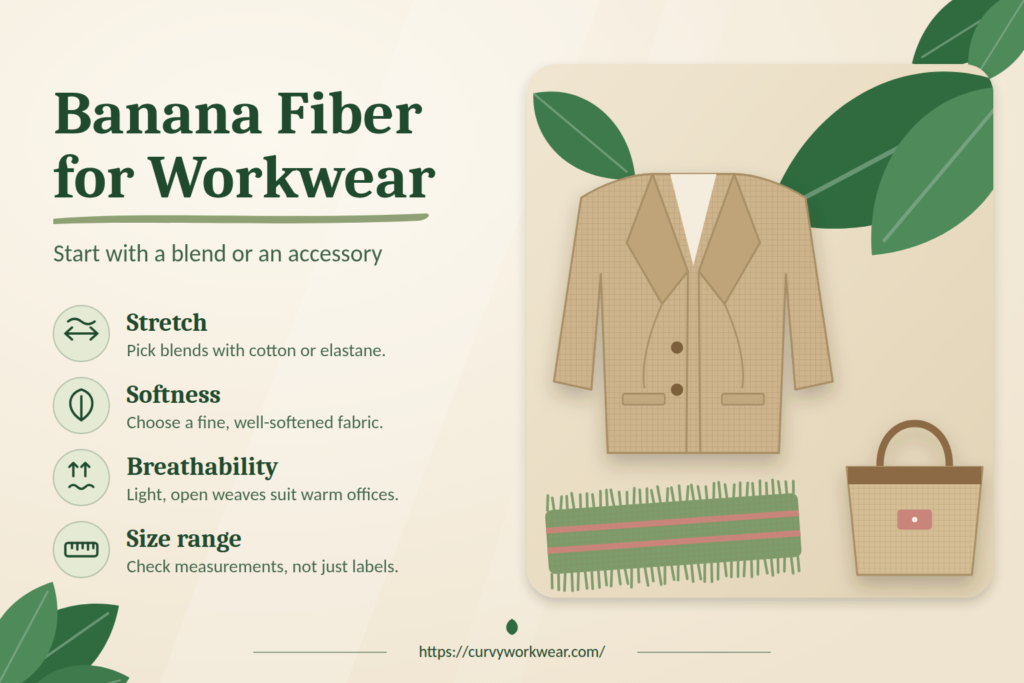 Banana fiber blend blazer, scarf and tote bag with workwear tips on stretch, softness, breathability and size range