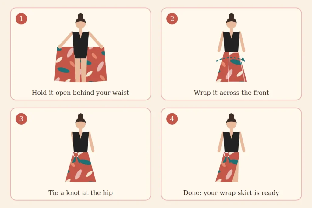 Step by step guide showing how to tie a sarong as a wrap skirt