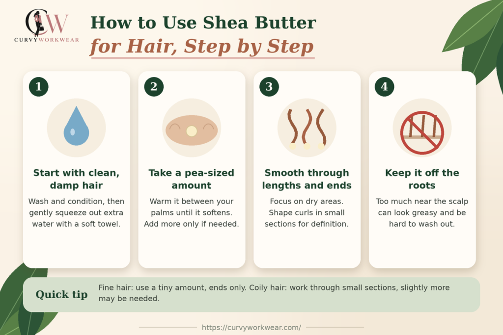 Four-step guide on how to use shea butter for hair: damp hair, pea-sized amount, apply to lengths and ends, avoid roots