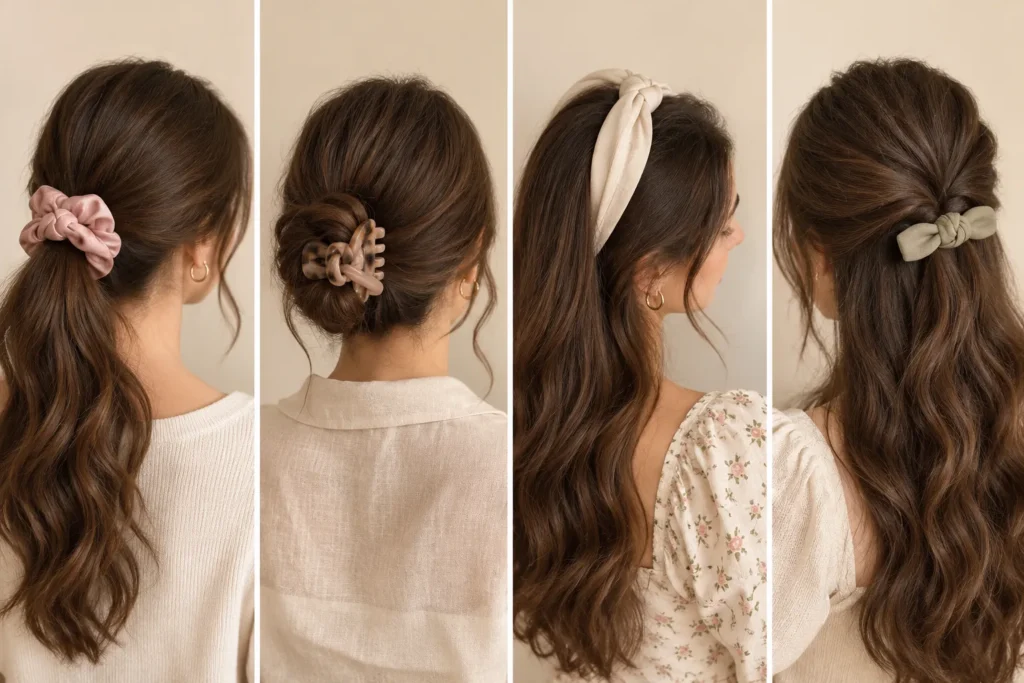 Four ways to wear knot hair accessories with ponytails, buns, open hair and half-up styles