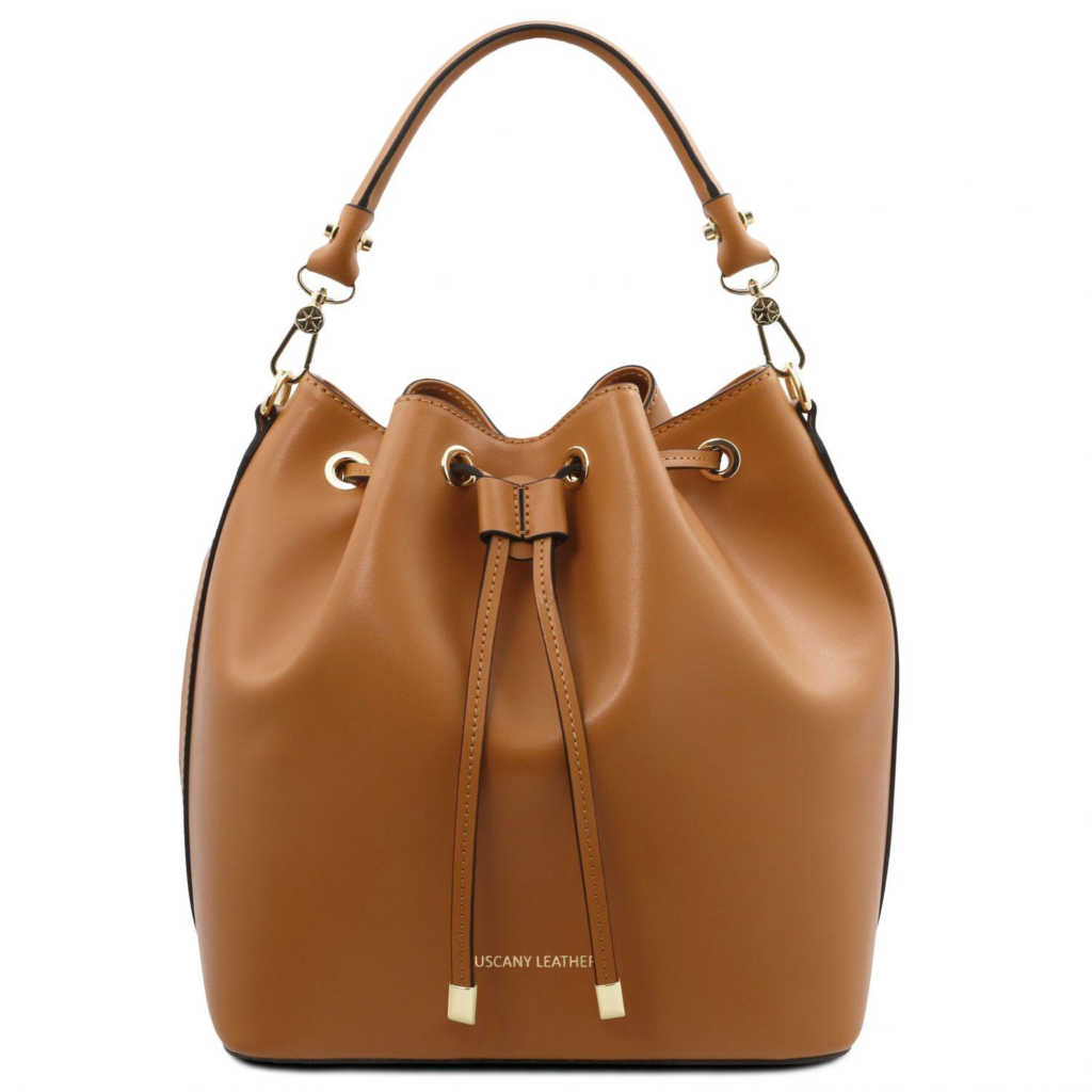 Cognac brown leather bucket bag with rounded base