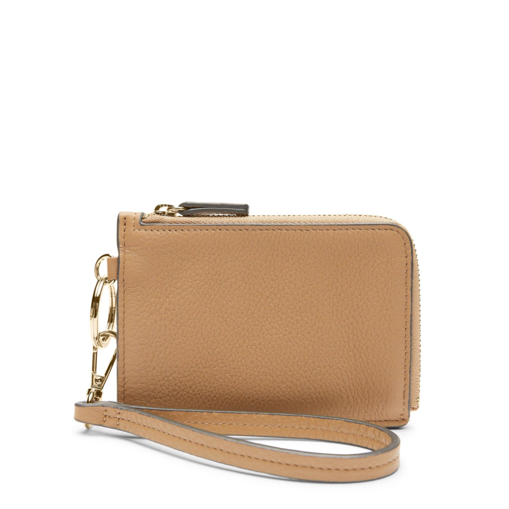 Camel leather wristlet pouch with wrist strap