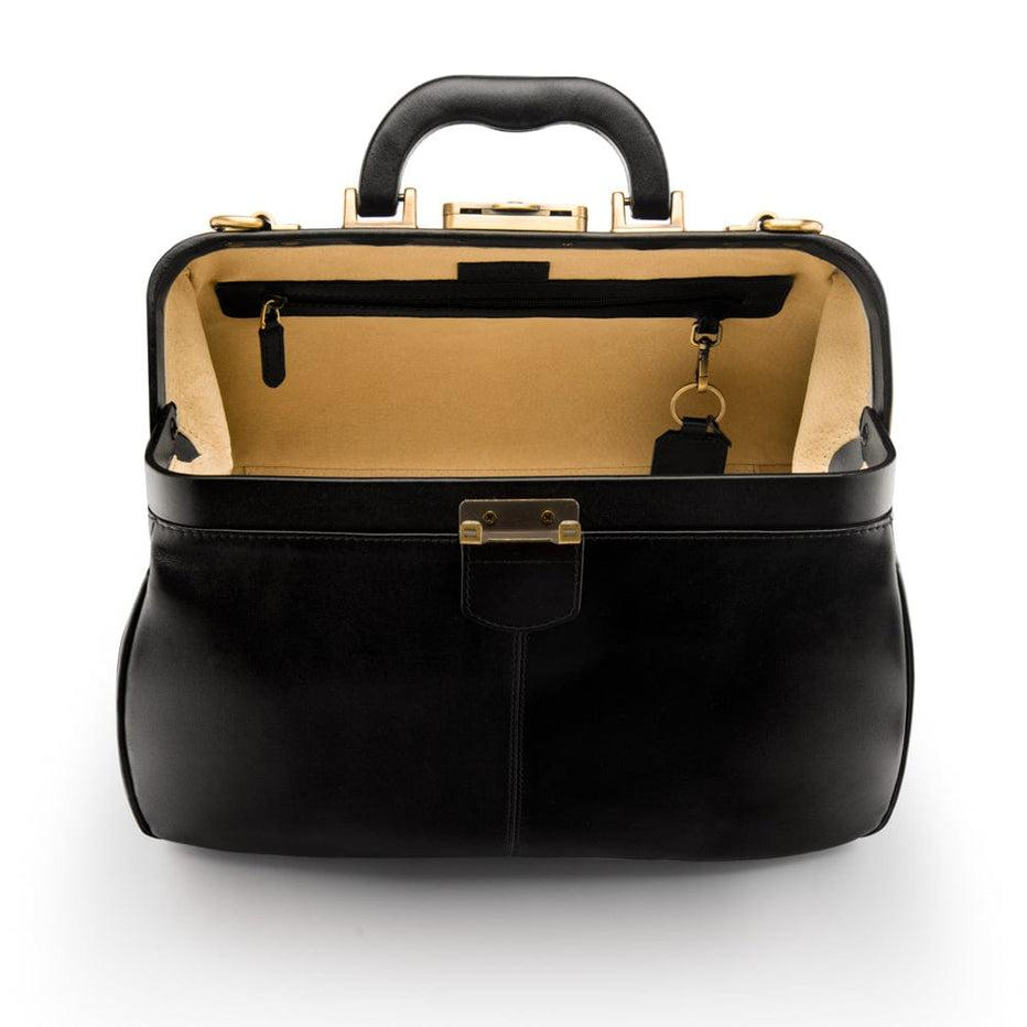 Black leather doctor bag with firm frame and wide opening