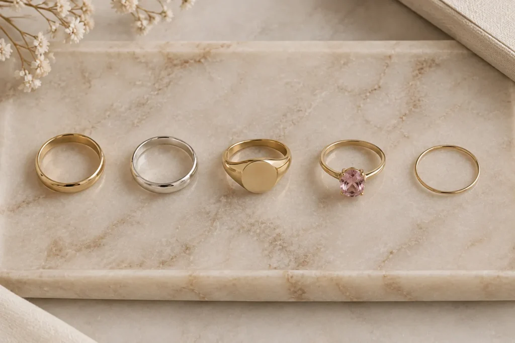 Flat lay of gold, silver, signet, gemstone and minimalist pinky rings on a marble tray