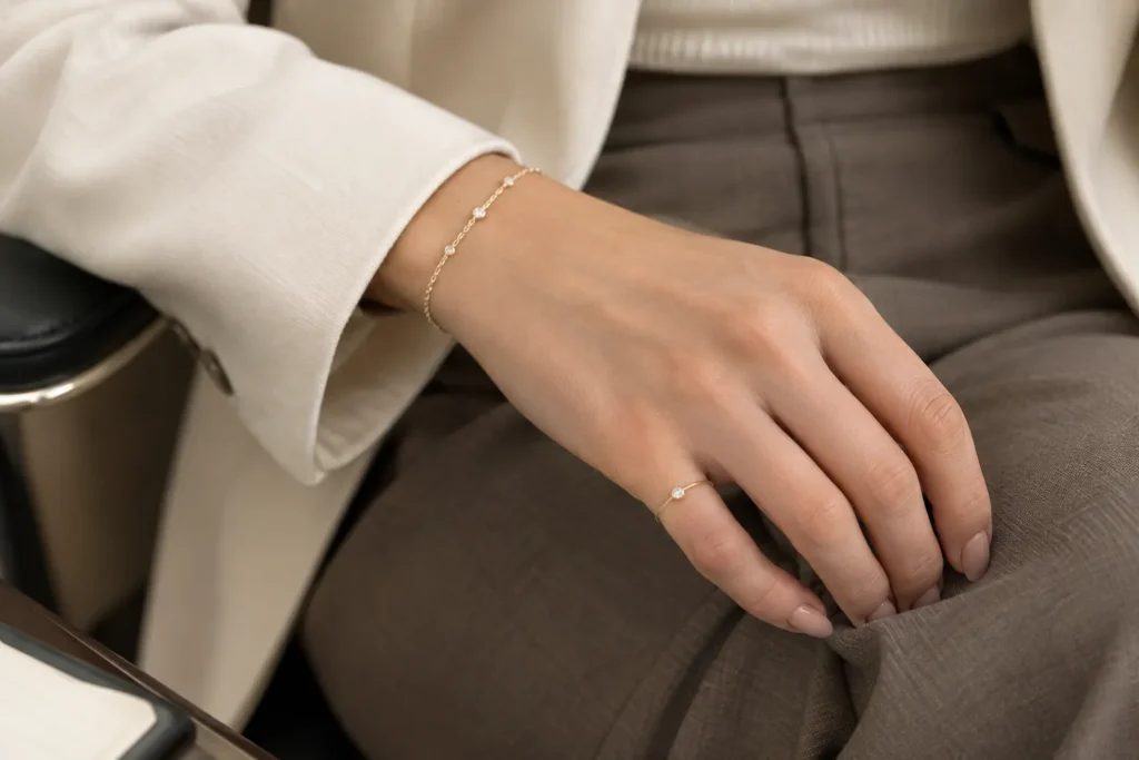 Woman wearing a slim gold pinky ring with a cream blazer and delicate bracelet