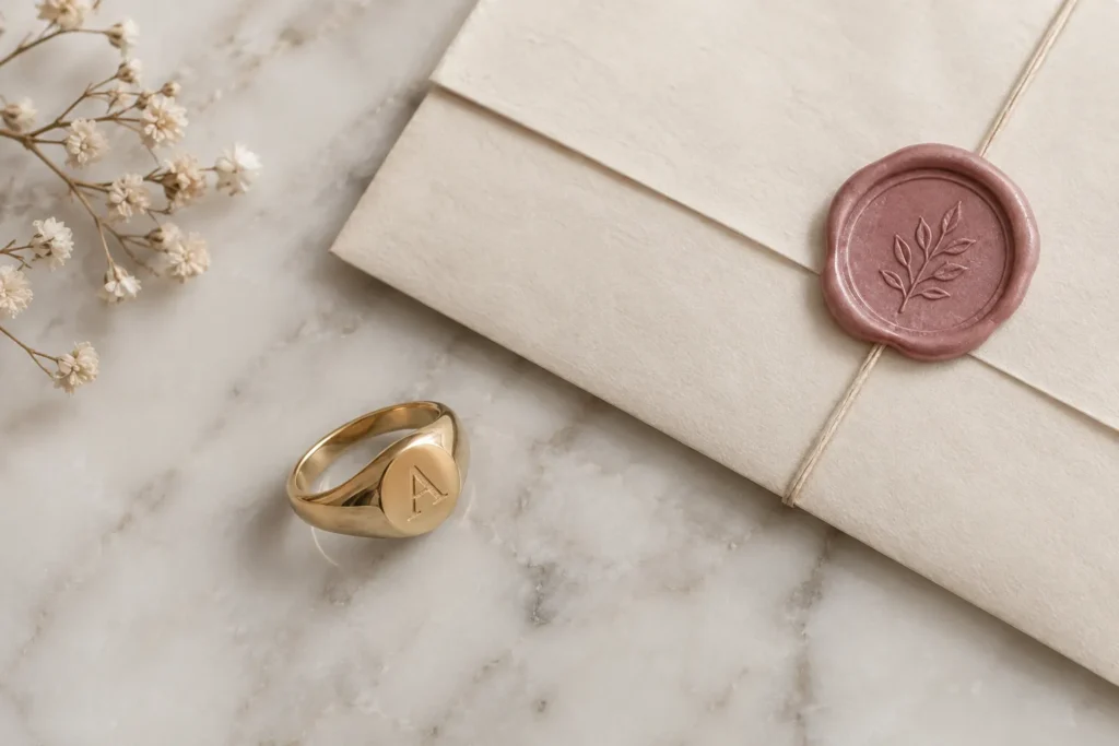 Gold signet pinky ring beside a wax-sealed letter on a marble table