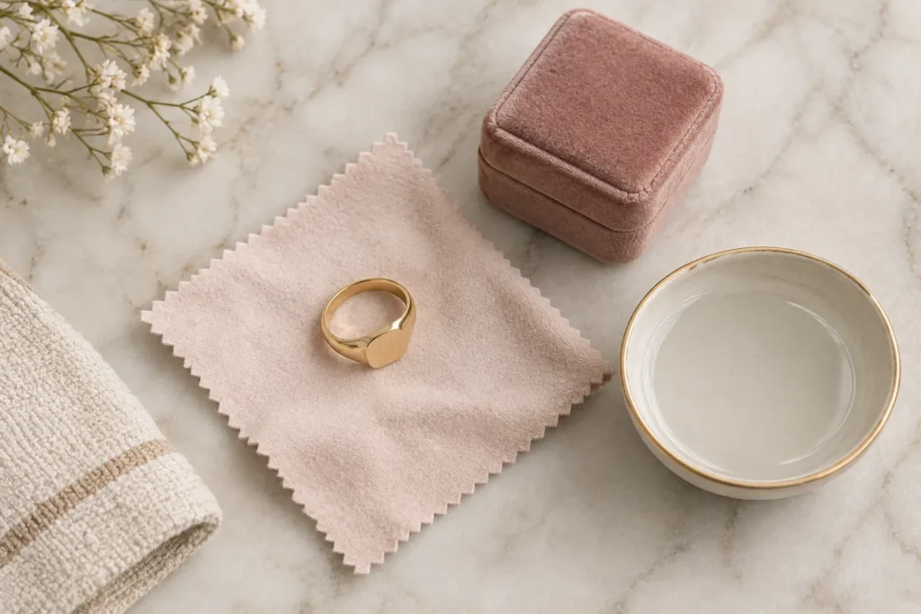 Gold pinky ring on a soft cloth beside a velvet ring box for cleaning and storage