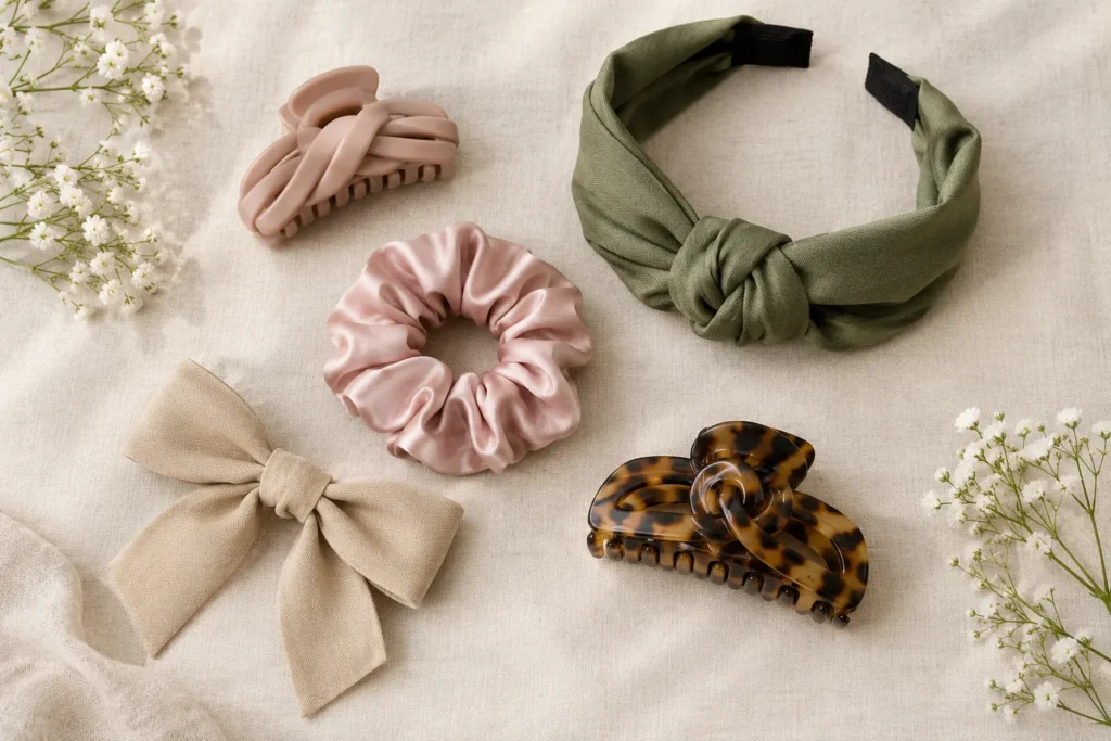 Different types of knot hair accessories including clips, headbands, scrunchies and bows