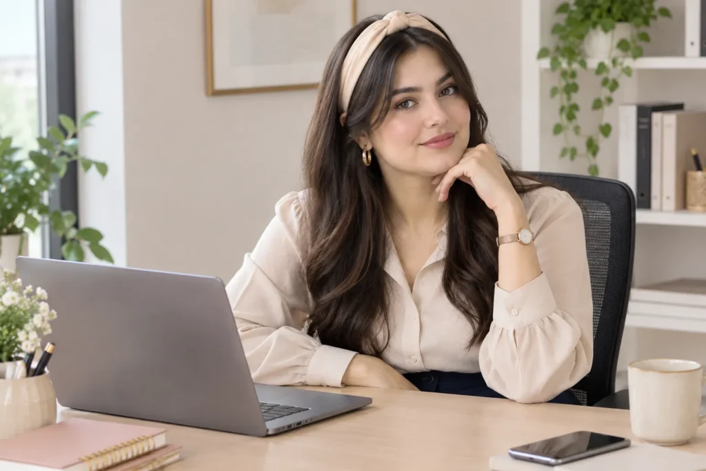Neutral knot headband styled with office workwear