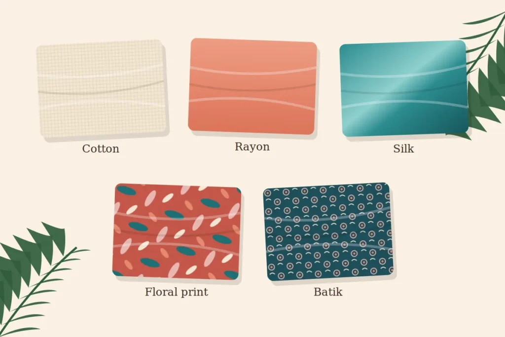 Different sarong fabrics and prints including cotton, rayon, silk, floral and batik