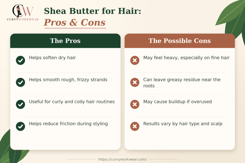 Shea butter for hair pros and cons infographic showing benefits like softening dry hair and drawbacks like buildup on fine hair