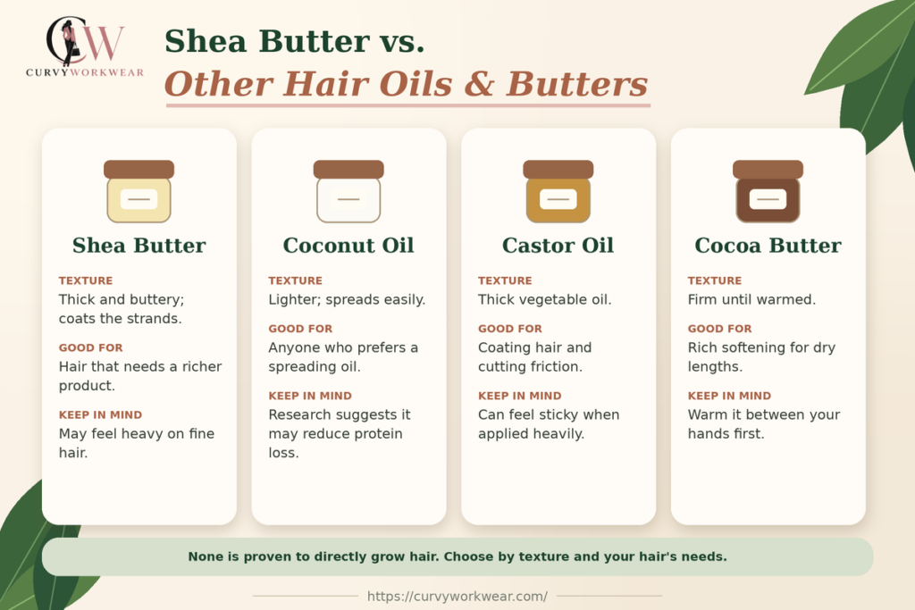 Comparison of shea butter, coconut oil, castor oil and cocoa butter by texture and best use for hair